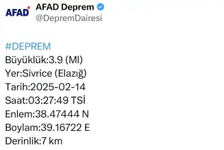 Elazığ'da 3.9 Şiddetinde Deprem!