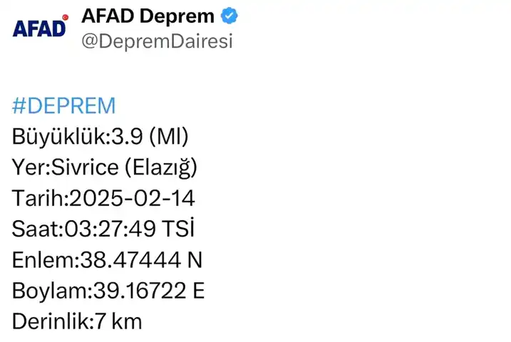 Elazığ'da 3.9 Şiddetinde Deprem!